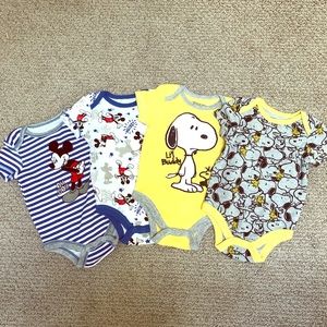 4 New Mickey and Snoopy Themed Onesies 0-3M